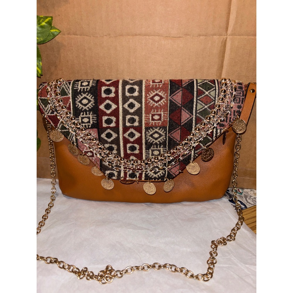 Olivia Miller Boho Woven Tapestry Coin Accent Crossbody Bag Tan Geometric